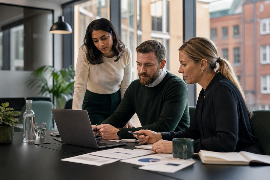 Commercial and sales professionals reviewing a business plan together