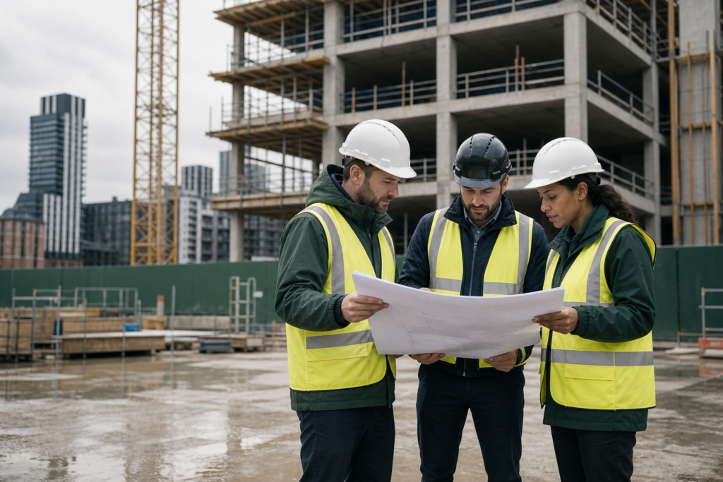 Construction professionals reviewing project plans on a UK building site