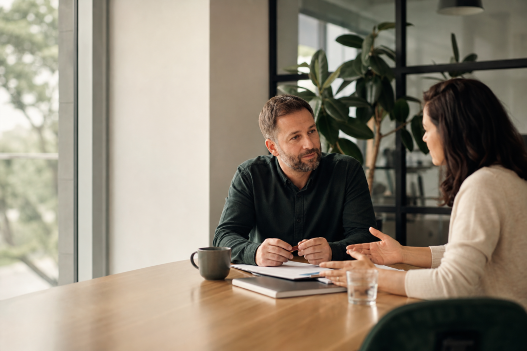 Employer and recruitment consultant discussing a permanent vacancy
