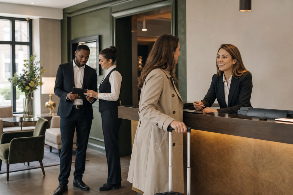 Hotel reception team supporting a guest in a contemporary UK hotel